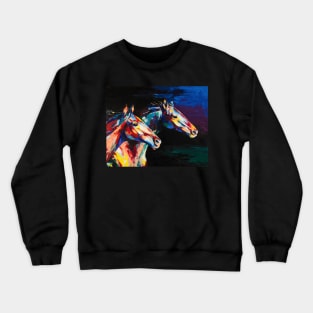 Horses oil portrait painting in multicolored tones. Crewneck Sweatshirt